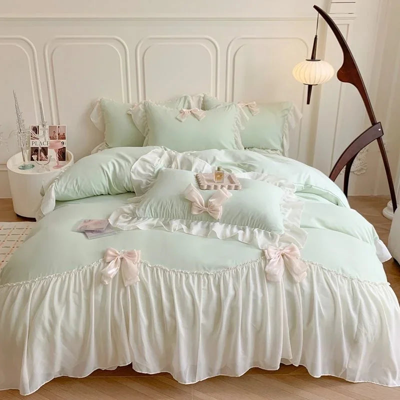 Korean Princess Lace Bedding Set Beautiful Solid Color Lace Pleated Duvet Cover Luxury Girl Wedding Home Textile Bed Sheet Cover