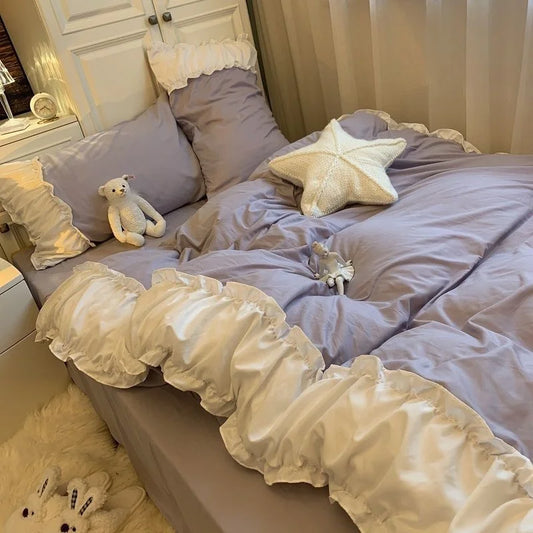 Korea Princess Purple Bedding Sets Bed Sheet Pillowcases Duvet Cover 3/4 Pieces Home Decoration Washed Cotton Flat Sheet Set