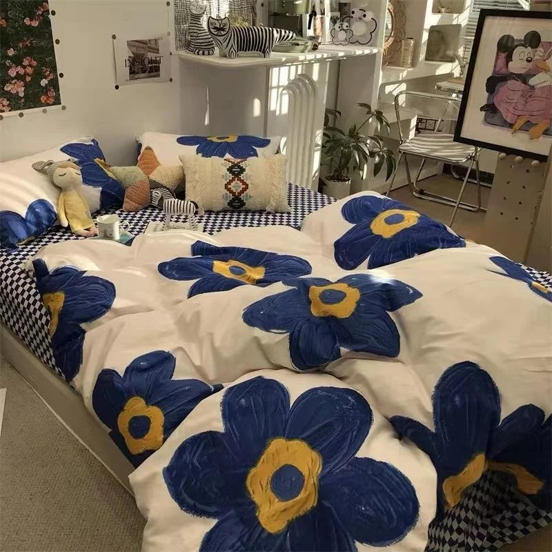 Nordic Simple Small Check Dark Green Bedding Set Soft High Quality Quilt Cover Polyester Aesthetic Bed Sheet With Pillowcases