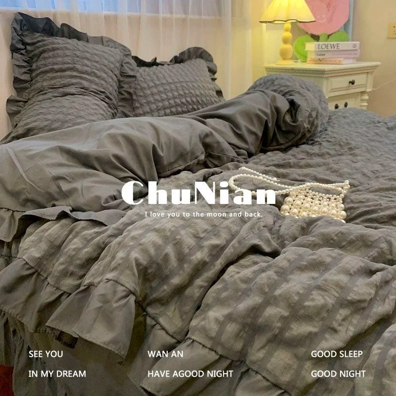 INS Girl Blue Bedding Sets Solid Color Seersucker Ruffles Lace  Kawaii Soft Sheet Woman Duvet Cover Pillow Covers Quilt Cover