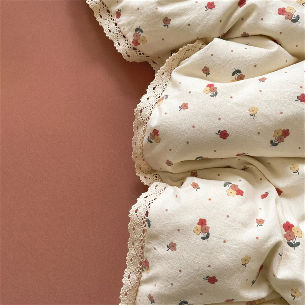 INS Girls Cherry Soft Bedding Set Washed Cotton Bed Sheet Queen King Size Duvet Set Flower Comforter Set Pillowcase Bed Linens