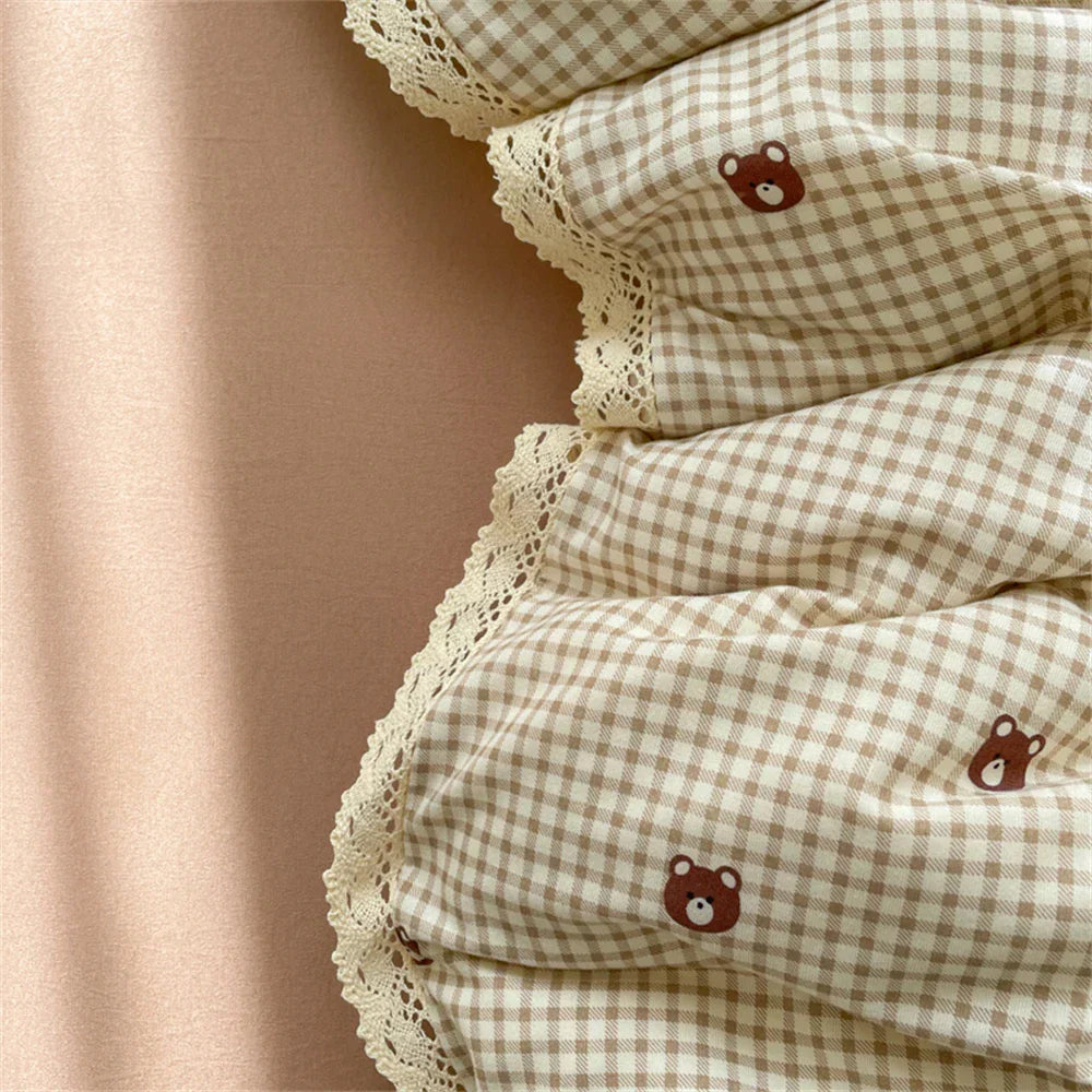 INS Girls Cherry Soft Bedding Set Washed Cotton Bed Sheet Queen King Size Duvet Set Flower Comforter Set Pillowcase Bed Linens