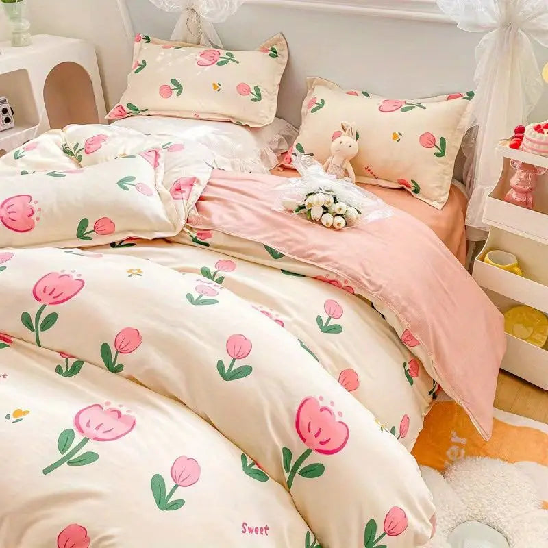 Ins Retro Flower Bedding Set Flat Bed Sheet Pillowcase Twin Full Queen Size Bed Linen Women Girls Caramel Floral Duvet Cover Set