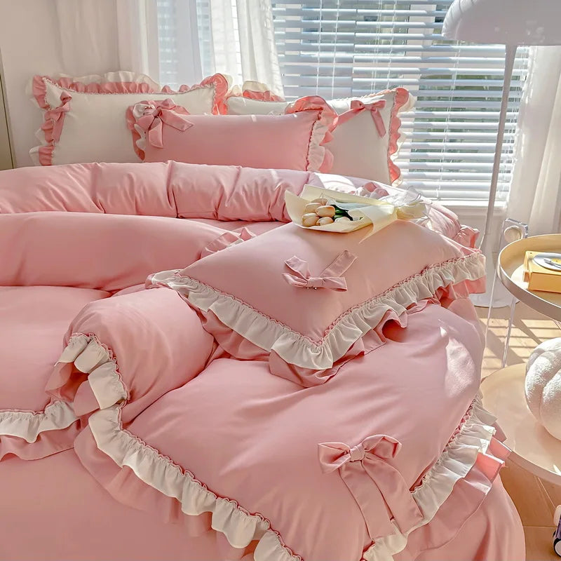 Princess Korean Style Bedding Set with Bow Pink Blue Girls Double Queen Size Duvet Cover No Filling Flat Sheet Pillowcases Kit