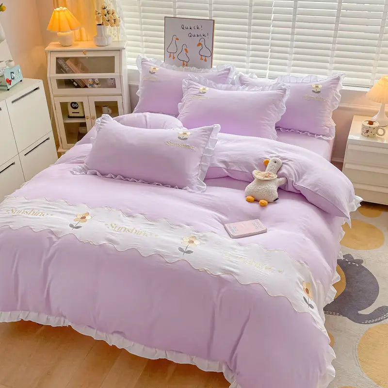 Kawaii Princess Bedding Set with White Ruffles Korean Style Girls Single Full Duvet Cover No Filling Flat Sheet Pillowcases Kit