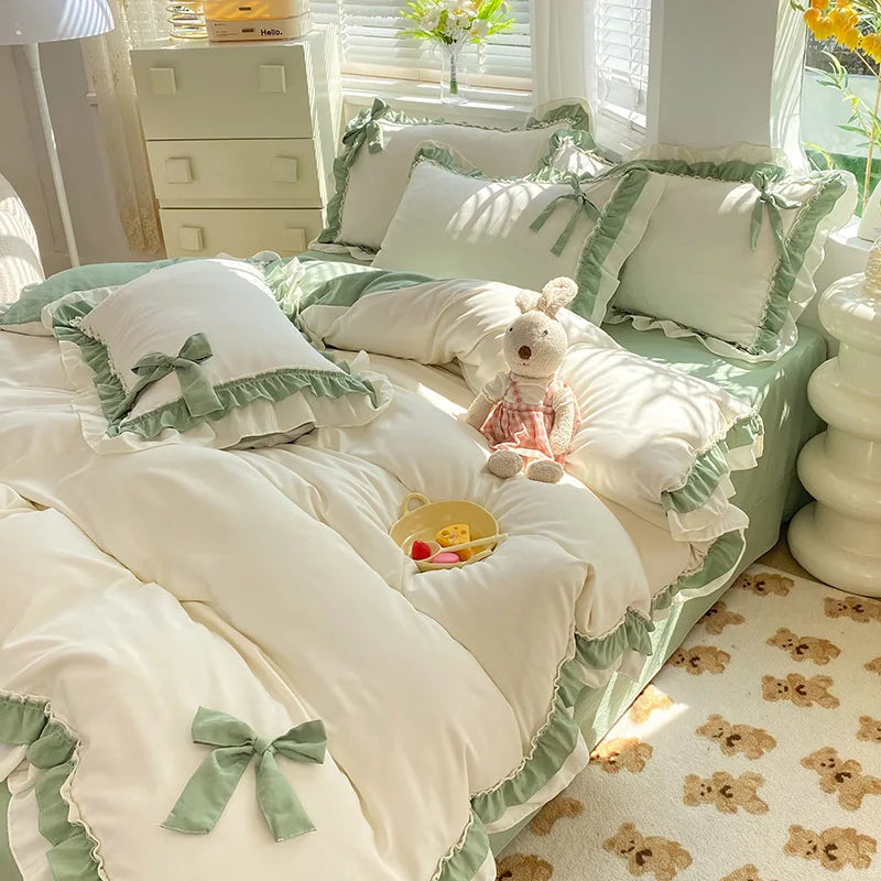 Pink Lace Ruffle Bowknot Duvet Cover Bed Skirt Linens Pillowcases Luxury Bedding Set For Girls Woman Decor Home