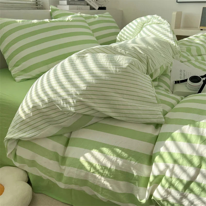 Washed Cotton Double Yarn Crepe Striped Quilt Set 3-4 Pillowcase with Sheet Bedding Cover Supplies 200x230 220x240 Skin Friendly