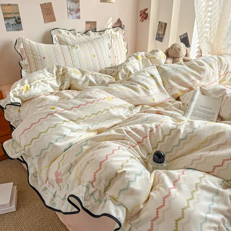 Korean Style Floral Ruffles Knitted Double Yarn Bedding Set Double King Queen Size Duvet Cover Flat/Fitted Bed Sheet Pillowcases