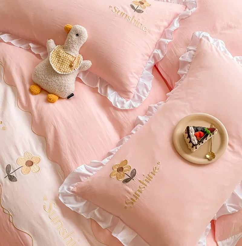 Kawaii Princess Bedding Set with White Ruffles Korean Style Girls Single Full Duvet Cover No Filling Flat Sheet Pillowcases Kit