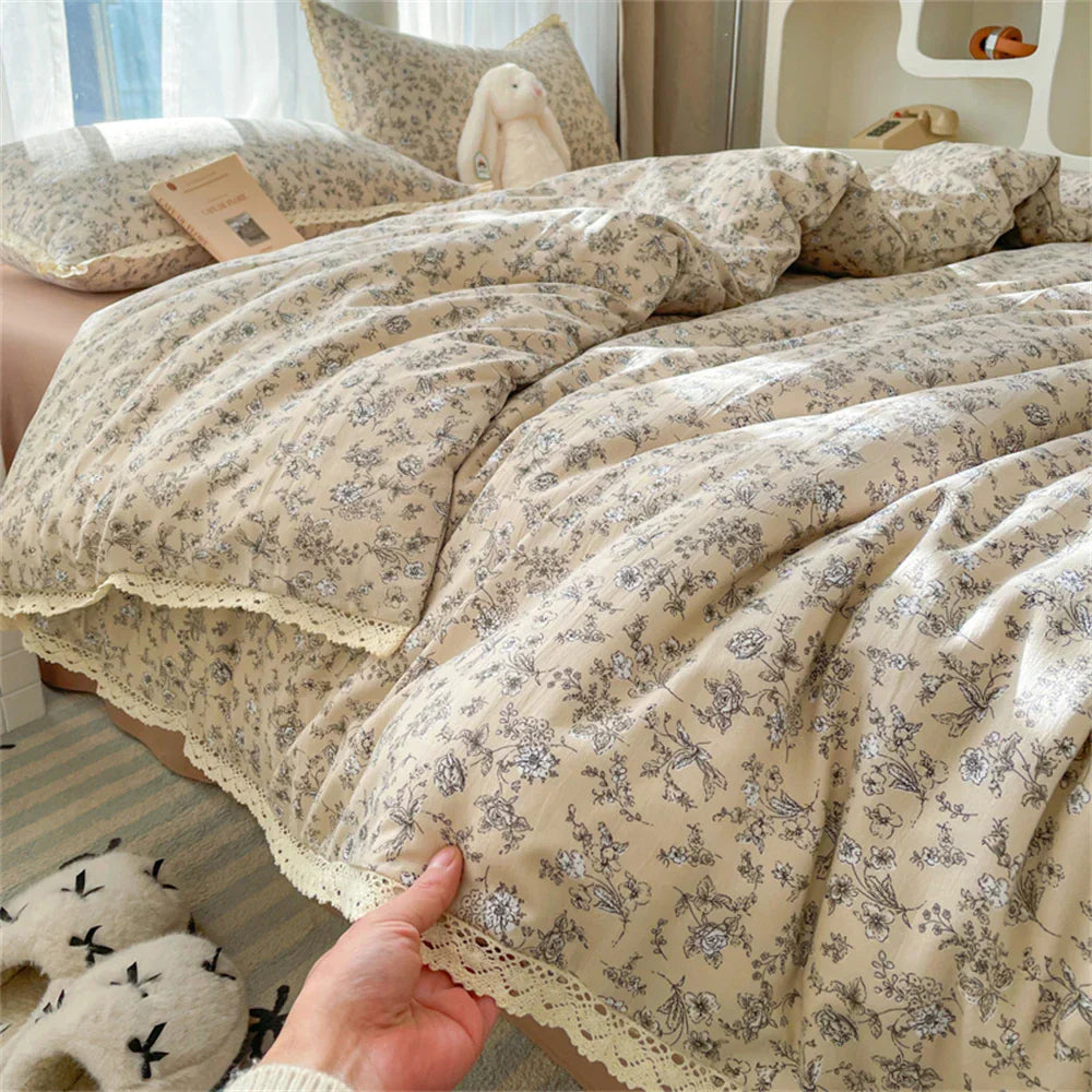 INS Girls Cherry Soft Bedding Set Washed Cotton Bed Sheet Queen King Size Duvet Set Flower Comforter Set Pillowcase Bed Linens