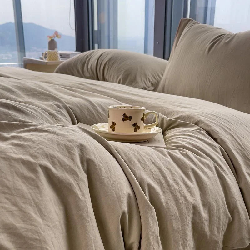 Washed Cotton Bedding Set,Bed Sheet Set, Linen Feel, Super Soft, Comfortable, 4-Piece Duvet Cover Set, Durable and Easy Care