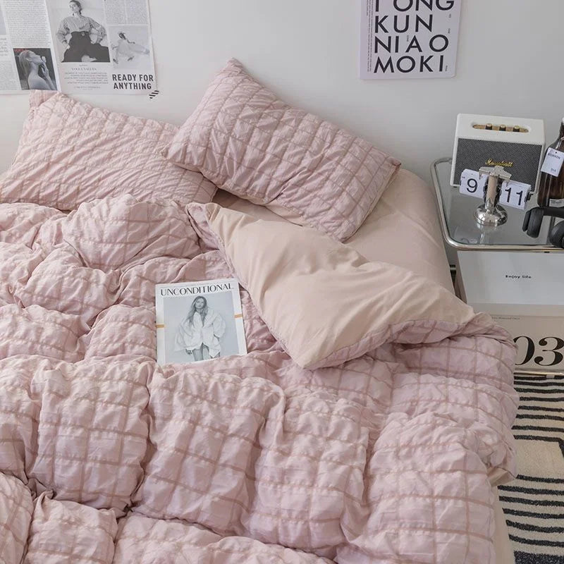 INS Girl Blue Bedding Sets Solid Color Seersucker Ruffles Lace  Kawaii Soft Sheet Woman Duvet Cover Pillow Covers Quilt Cover
