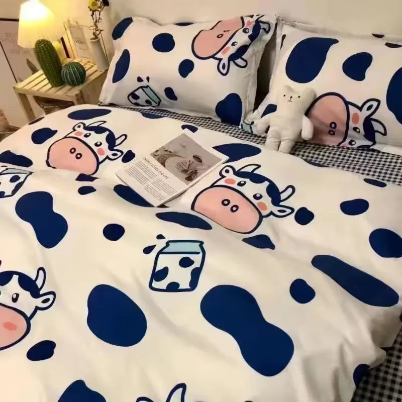 Korean Style Fashion Bedding Set Kids Adults Twin Full Queen Size Blue Bed Flat Sheet Duvet Cover Pillowcases Floral Bed Linen