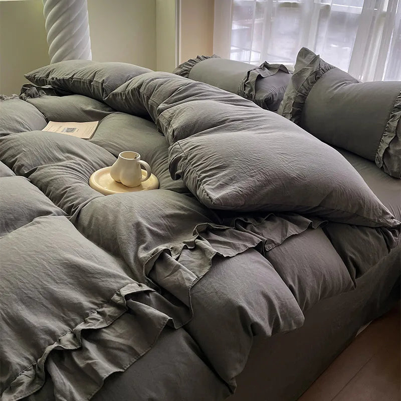 INS Princess Grey Bedding Sets 2025 Solid Color Ruffle Quilt Cover Romantic Bed Sheet Sets Girls Bedroom Duvet Cover 4pcs