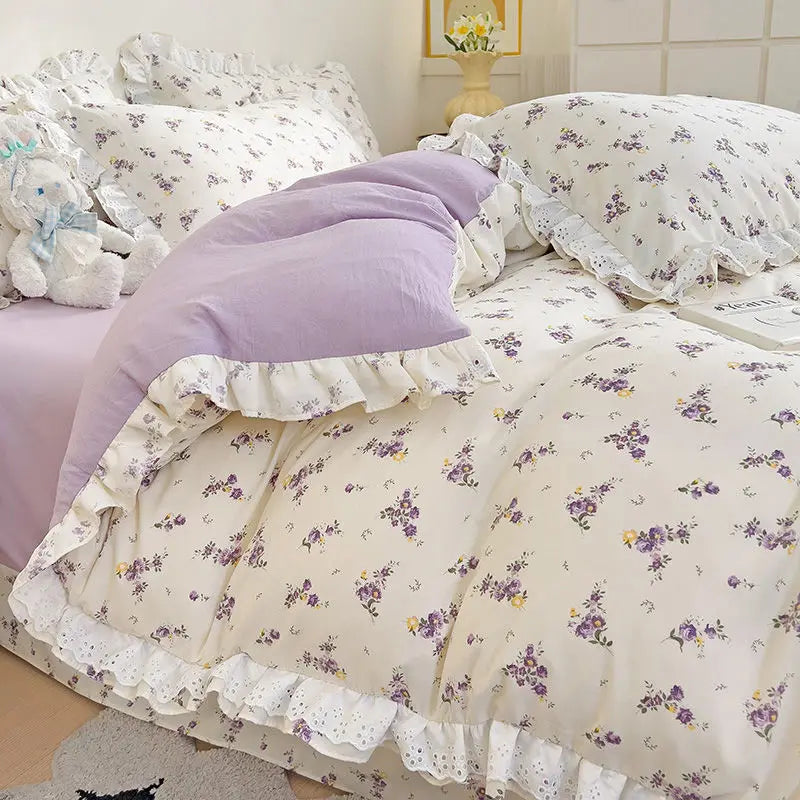 Princess Style Lace Ruffles Bedding Set Purple Tulips Duvet Cover and Flat Sheet Pillowcases Girls Romantic Floral Home Textiles