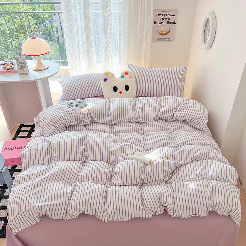 Stripe Style Duvet Cover Pillowcase with Bedsheet Soft Bed Linen Sets Skin-friendly Bedding Set for Home