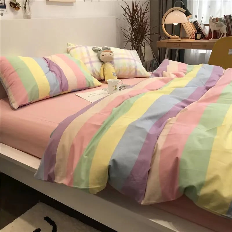 Korean Style Fashion Bedding Set Kids Adults Twin Full Queen Size Blue Bed Flat Sheet Duvet Cover Pillowcases Floral Bed Linen
