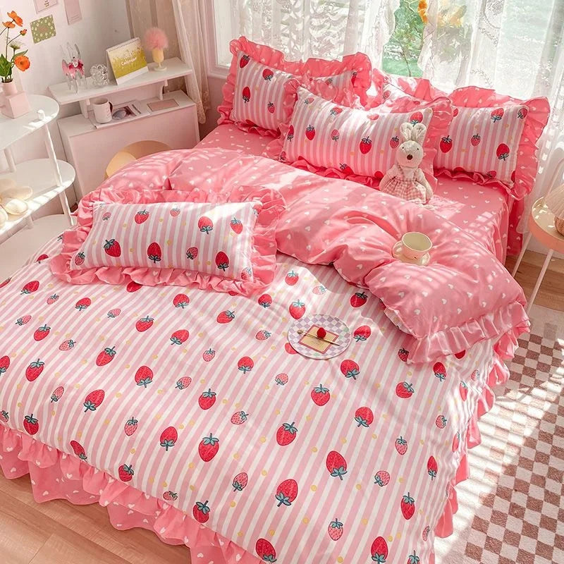 Pink Korean Princess Bedding Set No Filling Cute Strawberry Duvet Cover Checkerboard Single Queen Size Bed Linen Pillowcases