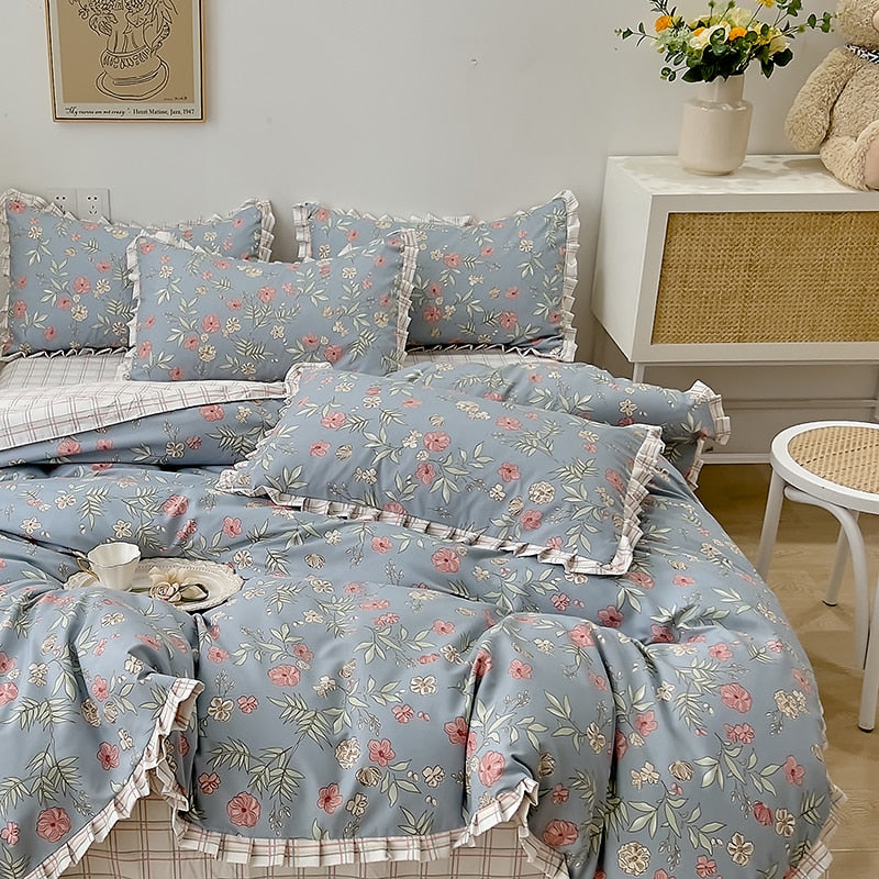 Korean Princess Style Ruffles Bedding Set Duvet Cover Set Flower Printing Quilt Cover Bed Sheet Or Fitted Sheet With Pillowcases