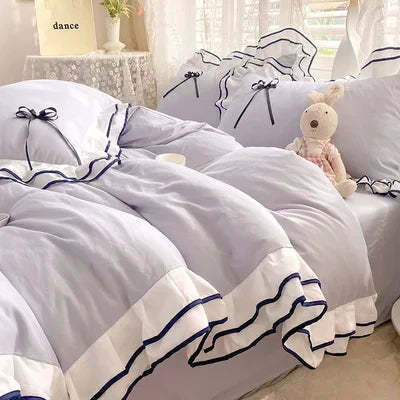 Korean Princess White Bedding Set For Women Double Ruffle Lace Duvet Cover Full Queen Solid Color Comfortable Falt Bed Sheet Set