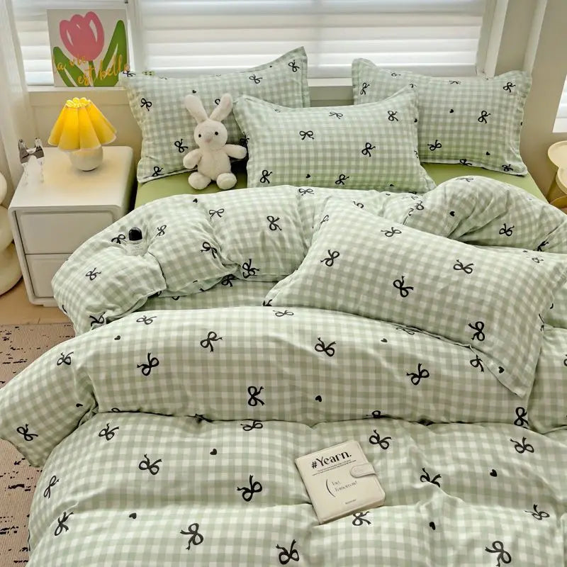 Green Nordic Bedding Set Ins Plaid Girls Boys Double Queen Size Duvet Cover Flat Sheet Pillowcase New No Filler Bed Linens