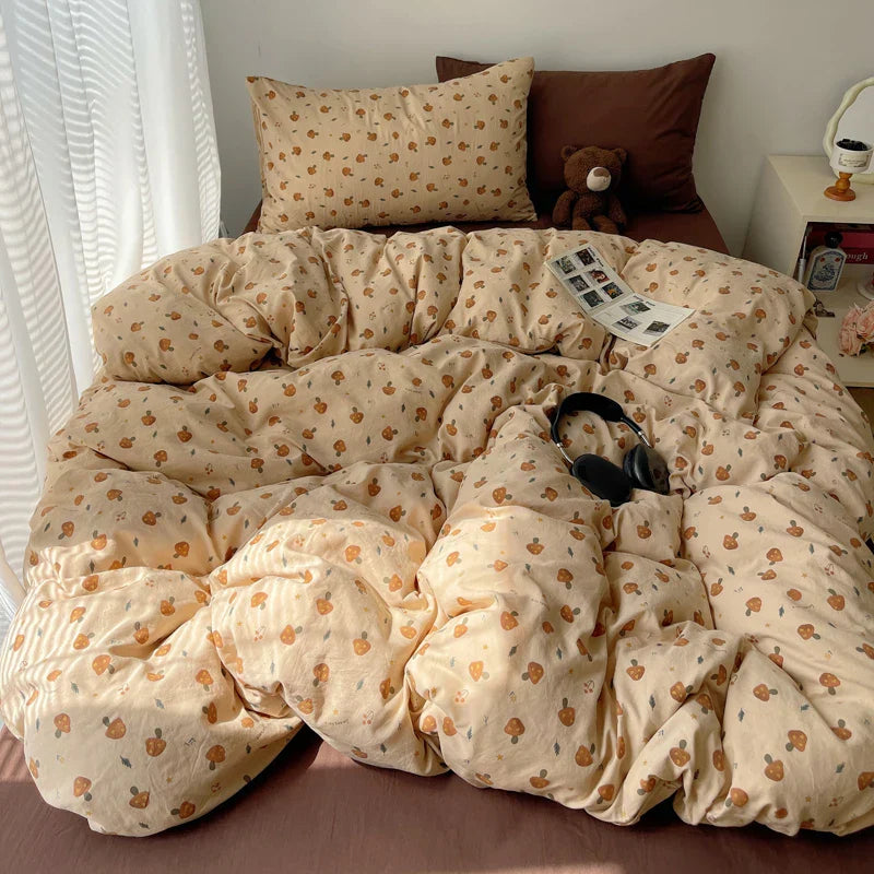 Korean Style Cute Bedding Set For Girls Bed Linen New Skin Friendly Fresh Flora Printed Washed Cotton Duvet Cover Set