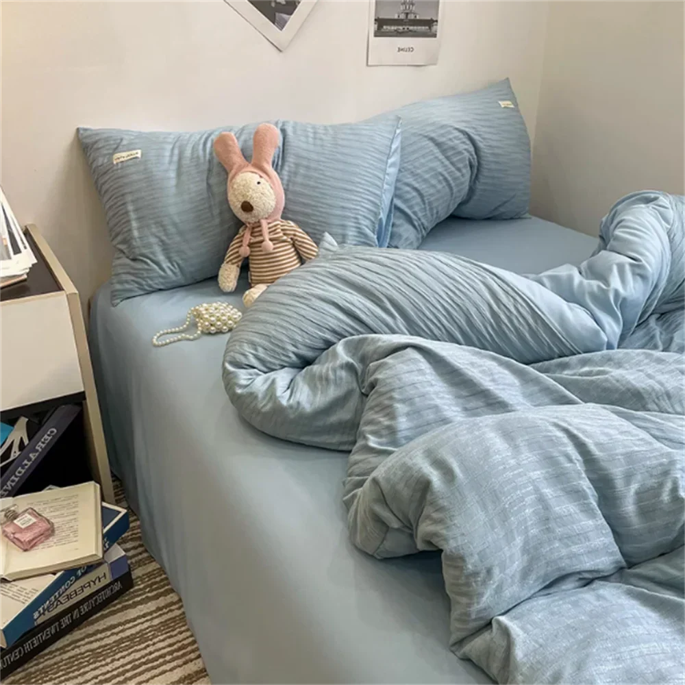 Ins Light Blue Bubble Washed Cotton Bed Sheet Bedding Set Four Piece Set Four Season Duvet Set Nordic Style Three Piece Set