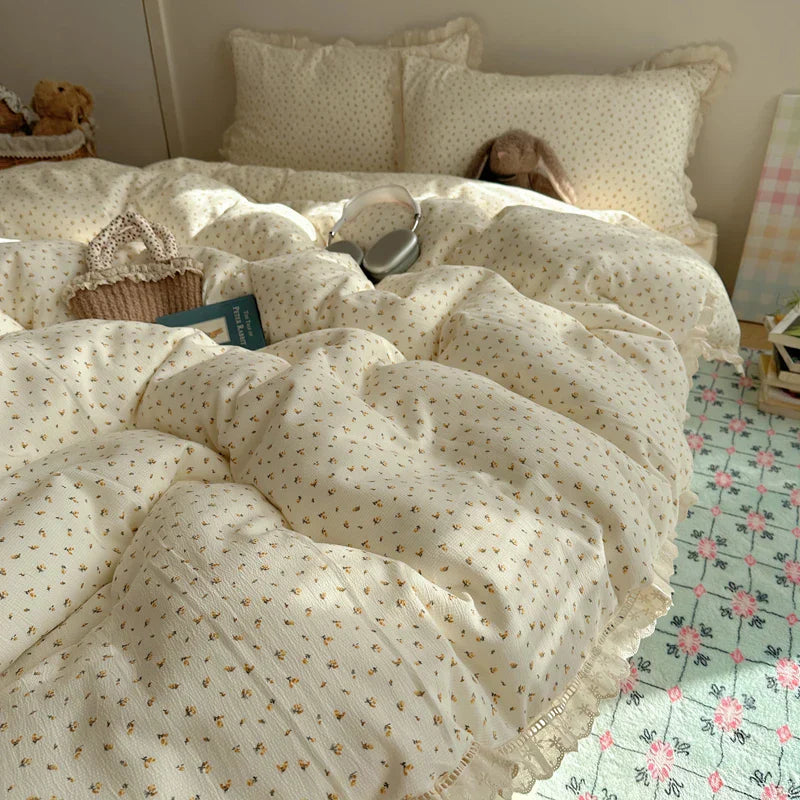 Ins Bedding Set Princess Floral Lace Simple 4pcs Bedding for Girls Woman Quilt Cover Sheet And Pillowcase Spring Home Textiles