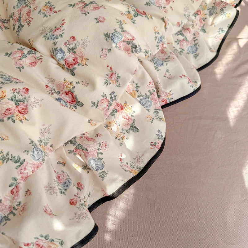 Korean Style Floral Ruffles Knitted Double Yarn Bedding Set Double King Queen Size Duvet Cover Flat/Fitted Bed Sheet Pillowcases