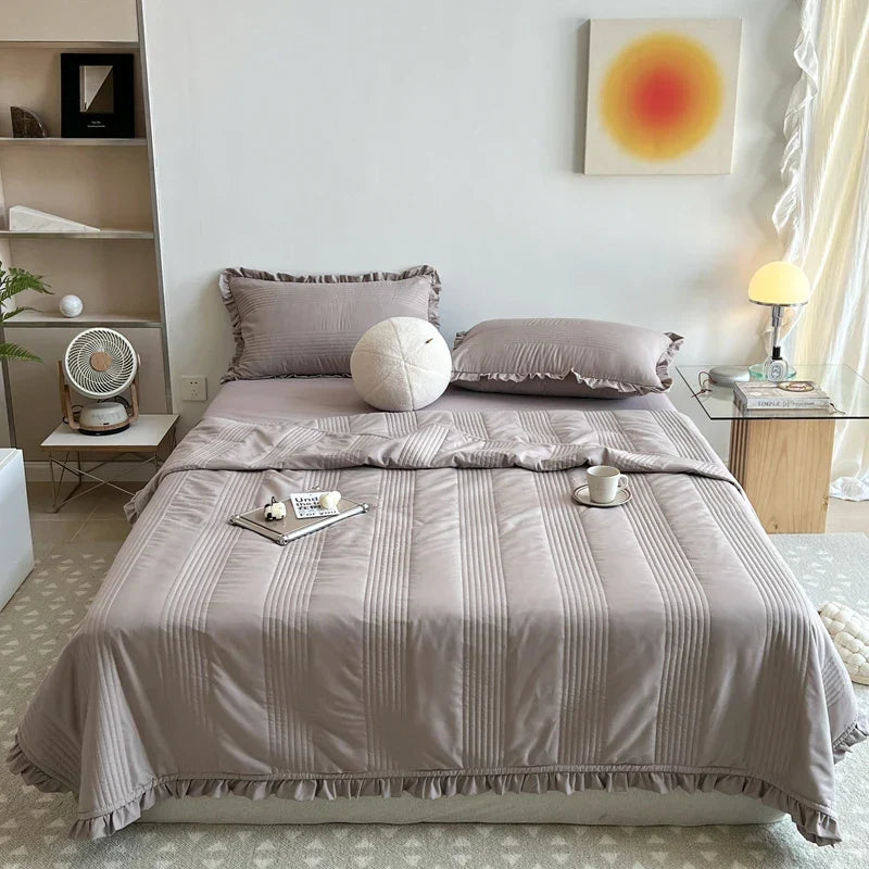 INS Style White Pink Quilted Ruffles Quilt Blanket Bedspread Washed Solid Color Korean Princess Style Summer Thin Quilt 1/3Pc