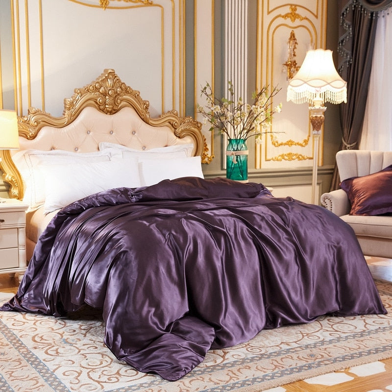Solid Color Bedding Set with Mulberry Silk Duvet Cover Bed Sheet Pillowcase Luxury Satin Bedsheet King Queen Double Twin Size