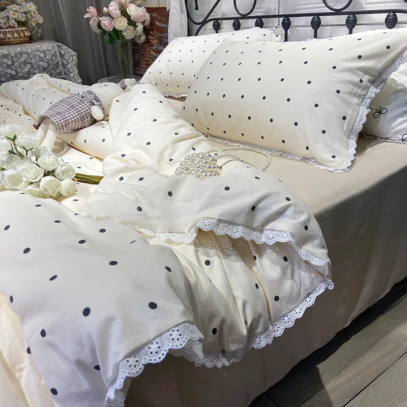Ins Polka Dots Bedding Set Simple Print Duvet Cover Set With Pillowcases Flat Fitted Sheet Washed Cotton Skin Friendly For Adult