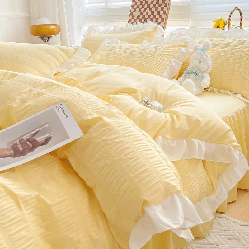 Korean Style Bedding Set Duvet Cover Flat Bed Sheet Bed Skirt Princess Style Ruffle Quilt Cover For Girls Summer Bed Linen