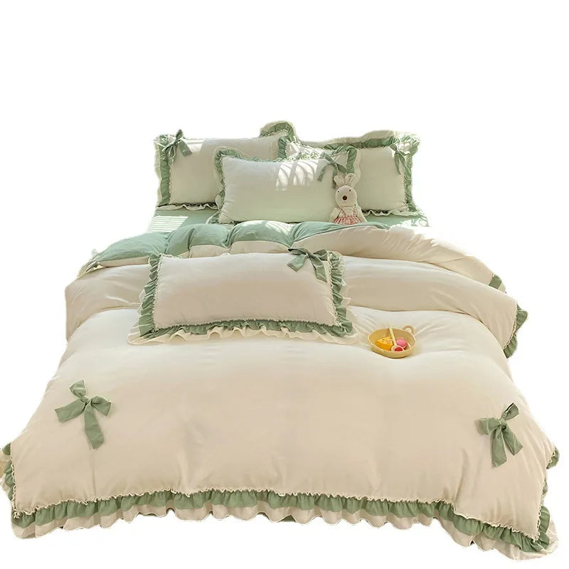 Pink Lace Ruffle Bowknot Duvet Cover Bed Skirt Linens Pillowcases Luxury Bedding Set For Girls Woman Decor Home