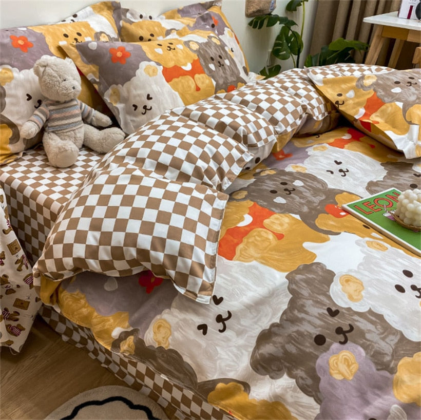 Kids Bedding Set Kawaii Cartoon Printed Duvet Cover Flat Sheet Pillowcase Soft Bed Linens Dormitory Bedroom Home Textile