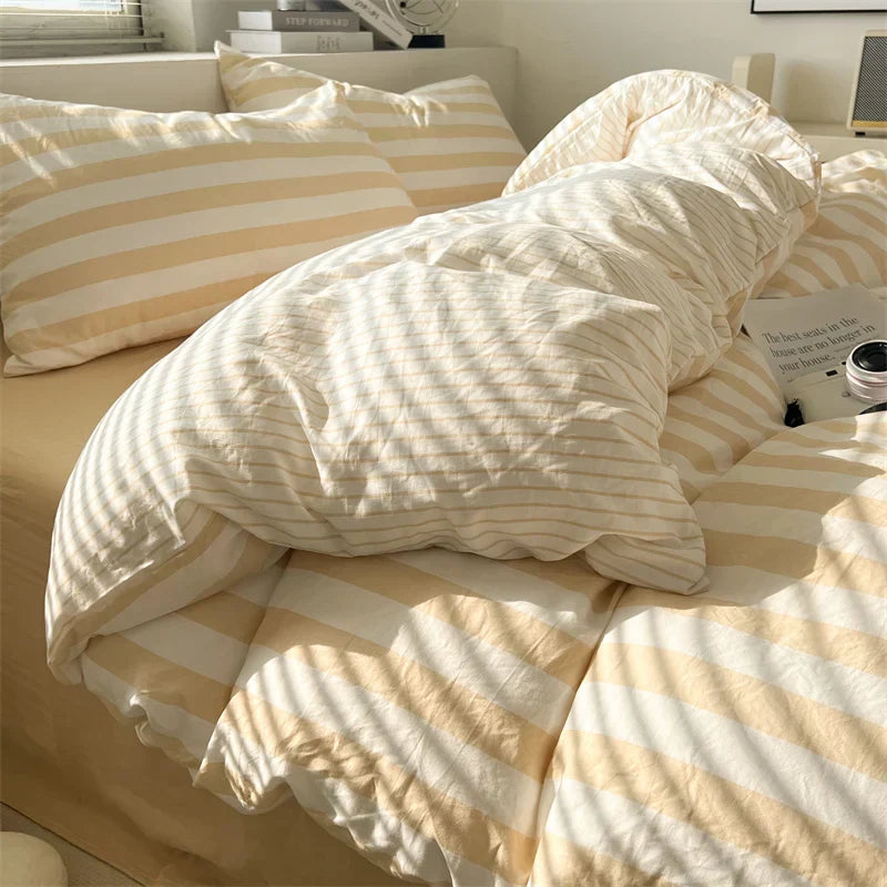 Washed Cotton Double Yarn Crepe Striped Quilt Set 3-4 Pillowcase with Sheet Bedding Cover Supplies 200x230 220x240 Skin Friendly