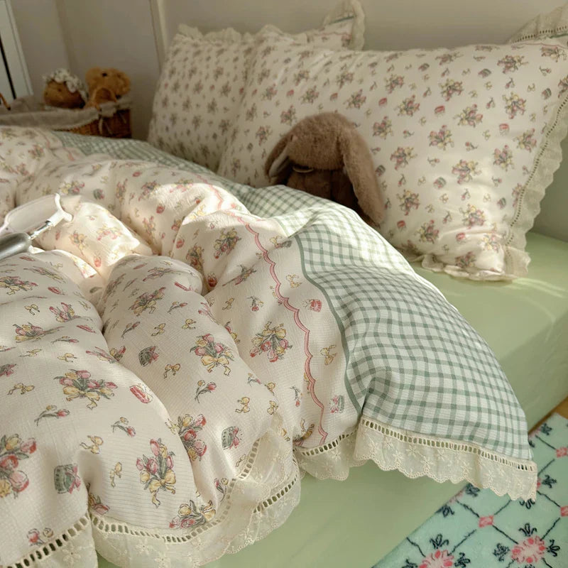 Ins Bedding Set Princess Floral Lace Simple 4pcs Bedding for Girls Woman Quilt Cover Sheet And Pillowcase Spring Home Textiles
