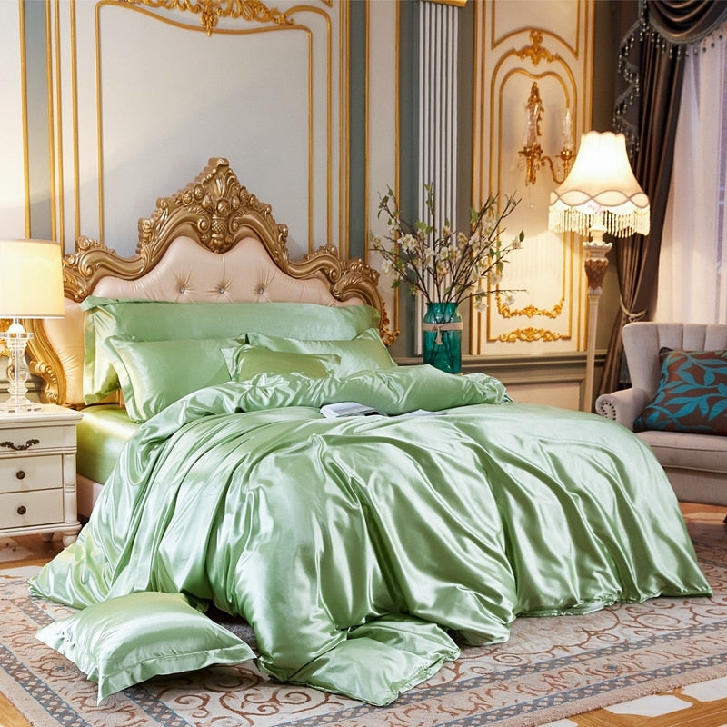 Solid Color Bedding Set with Mulberry Silk Duvet Cover Bed Sheet Pillowcase Luxury Satin Bedsheet King Queen Double Twin Size