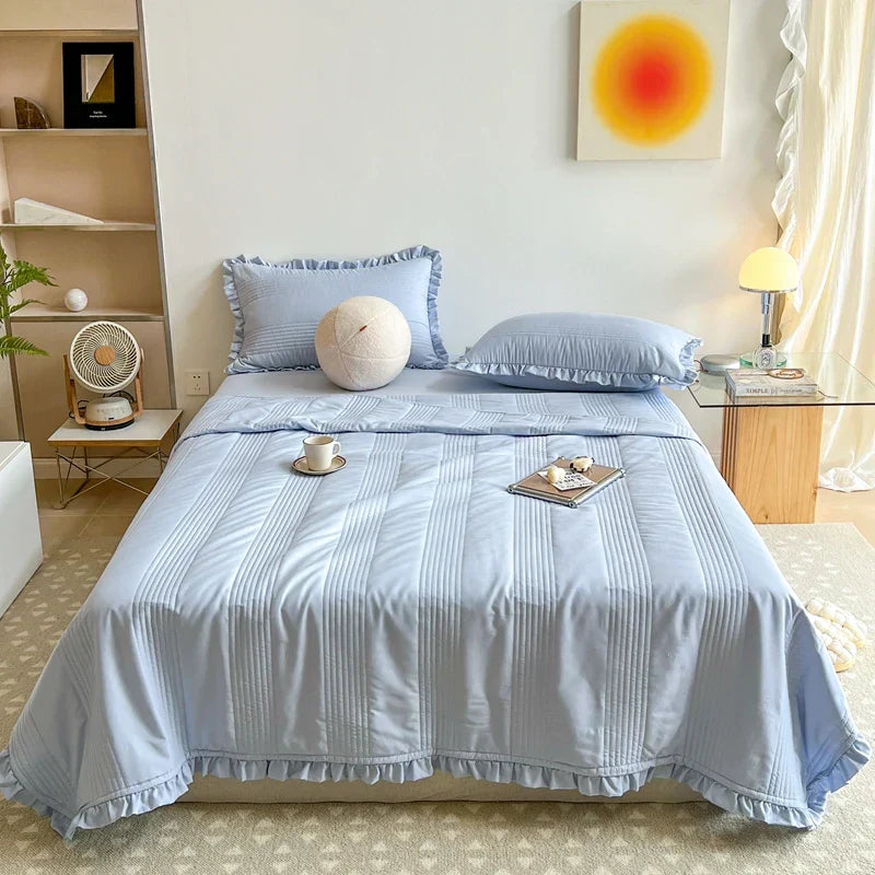 INS Style White Pink Quilted Ruffles Quilt Blanket Bedspread Washed Solid Color Korean Princess Style Summer Thin Quilt 1/3Pc