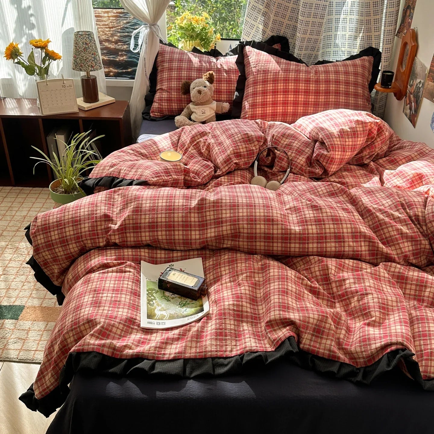 Plaid Bedding Set Double Yarn Classic Vintage Duvet Cover Set Flat Sheets Set 2 Pillowcases Single Twin Full Queen Size