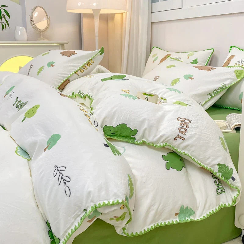 INS Girls Cherry Bedding Set Soft Washed Cotton Bed Sheet Queen King Size Simple Quilt Cover Pillowcase Bed Linens