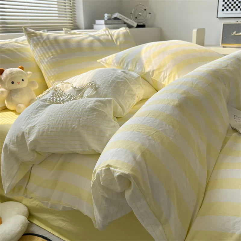 Washed Cotton Double Yarn Crepe Striped Quilt Set 3-4 Pillowcase with Sheet Bedding Cover Supplies 200x230 220x240 Skin Friendly