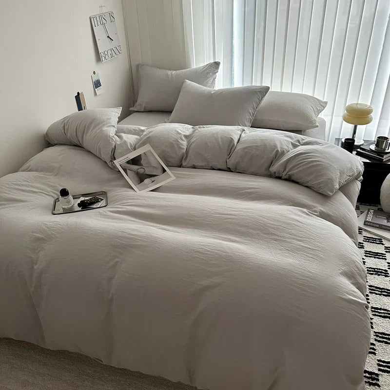 Solid Bed Linen Cotton Bedding Set with Sheet Duvet Cover Pillowcase Single Couple Bedsheet King Queen Double Twin Size