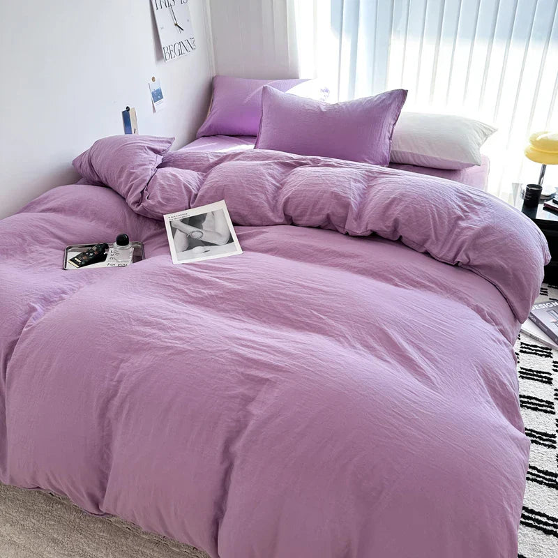 Solid Bed Linen Cotton Bedding Set with Sheet Duvet Cover Pillowcase Single Couple Bedsheet King Queen Double Twin Size