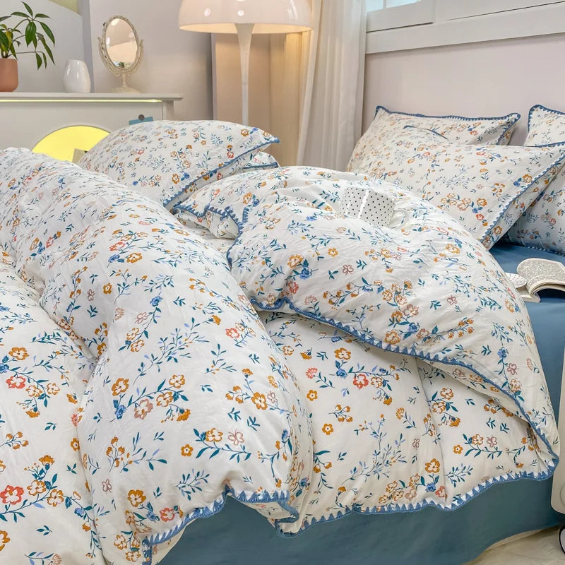 INS Girls Cherry Bedding Set Soft Washed Cotton Bed Sheet Queen King Size Simple Quilt Cover Pillowcase Bed Linens