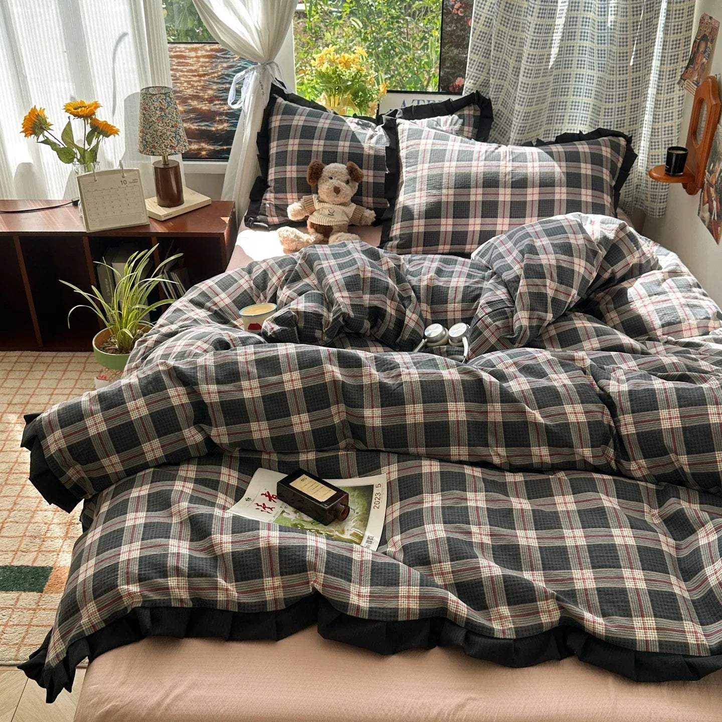 Plaid Bedding Set Double Yarn Classic Vintage Duvet Cover Set Flat Sheets Set 2 Pillowcases Single Twin Full Queen Size