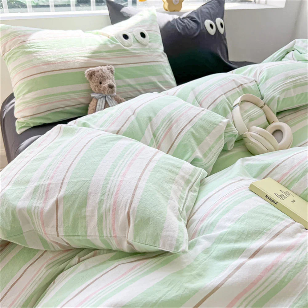 Cute Big Eyed Four Piece Set Plaid Duvet Cover Set With Sheet Bedroom Decor Skin Friendly Single Double Bedding Set Home Textile