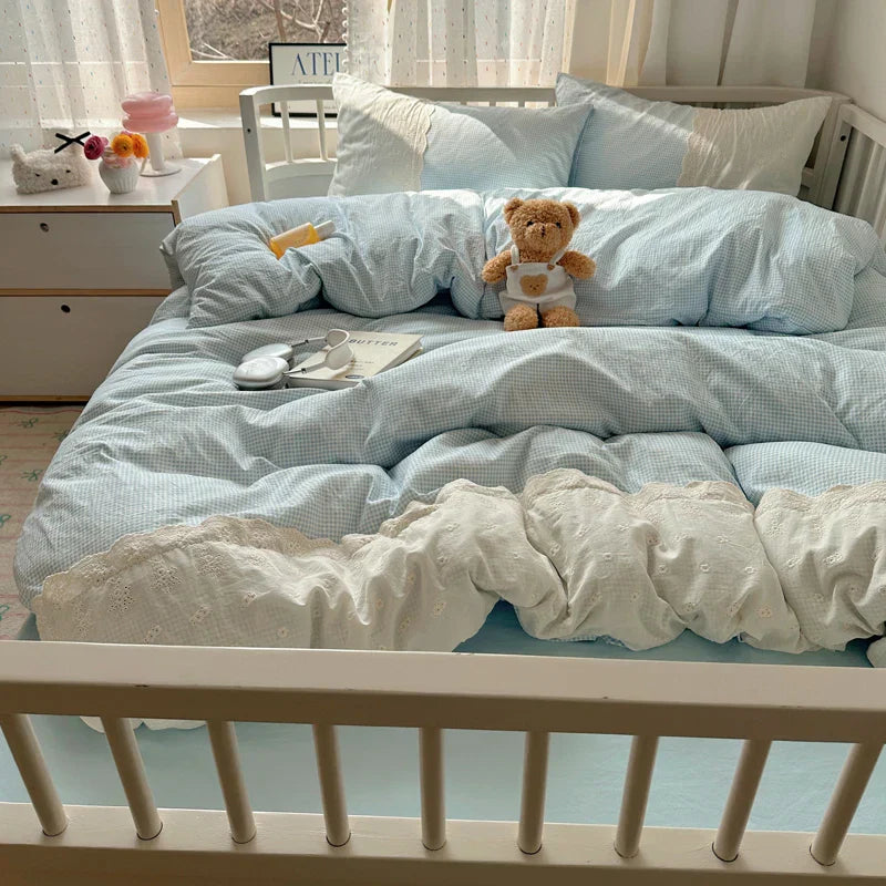 Plaid Pattern Bedding Set INS Princess Soft Washed Cotton Bed Flat Sheet Twin Queen Double Size Duvet Set Pillowcase Bed Linens