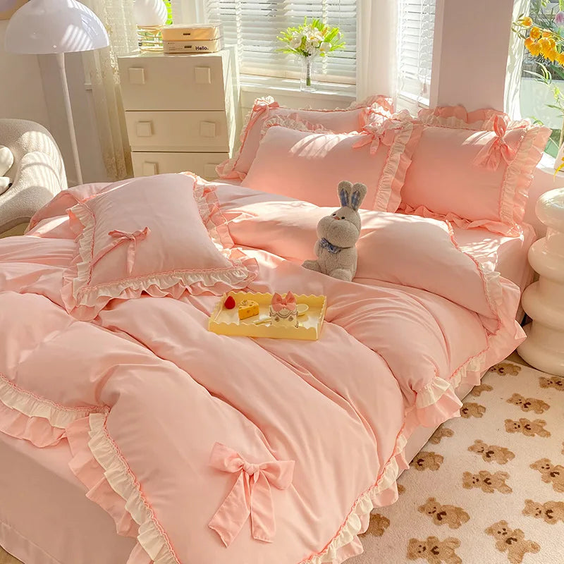 Pink Lace Ruffle Bowknot Duvet Cover Bed Skirt Linens Pillowcases Luxury Bedding Set For Girls Woman Decor Home