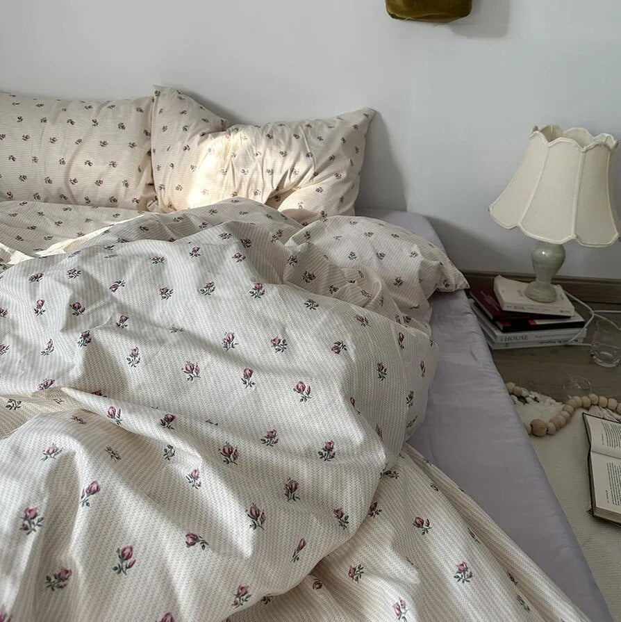 Kawaii Cherry Duvet Cover Set Pillowcase Flat Sheet Floral Boys Girls Twin Full Size Soft Bedding Kit Korean Ins Style Home Use